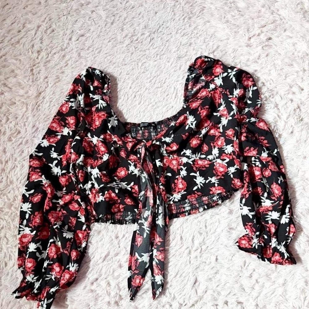 Dark Floral Milkmaid Whimsygoth Fairy Smocked Puff Ruffle Sleeve Crop Womens XL